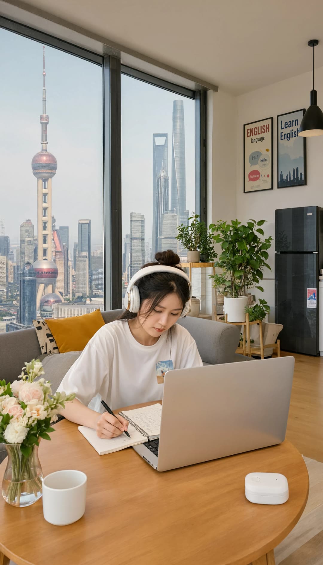 A learner studying a language at a laptop by a window with a city view.